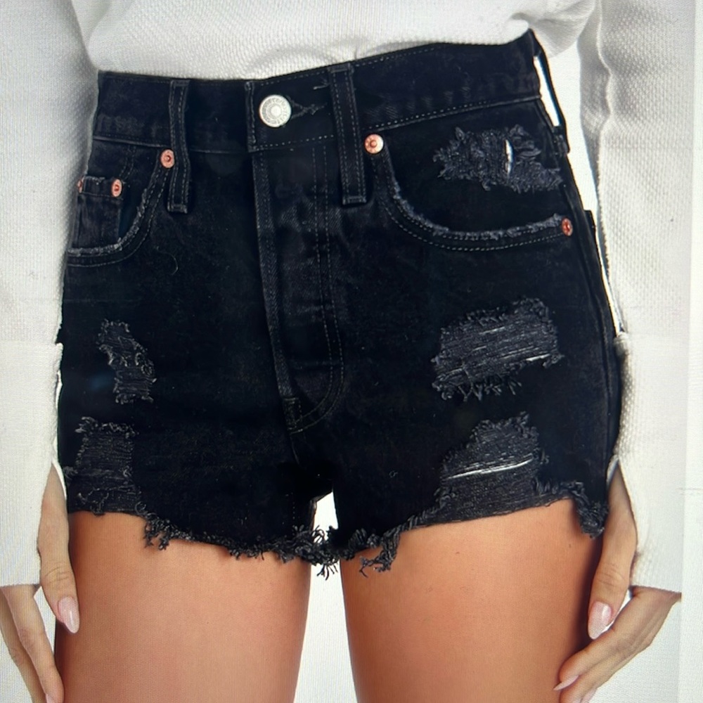 Levi’s 501 original high rise black distressed denim shorts